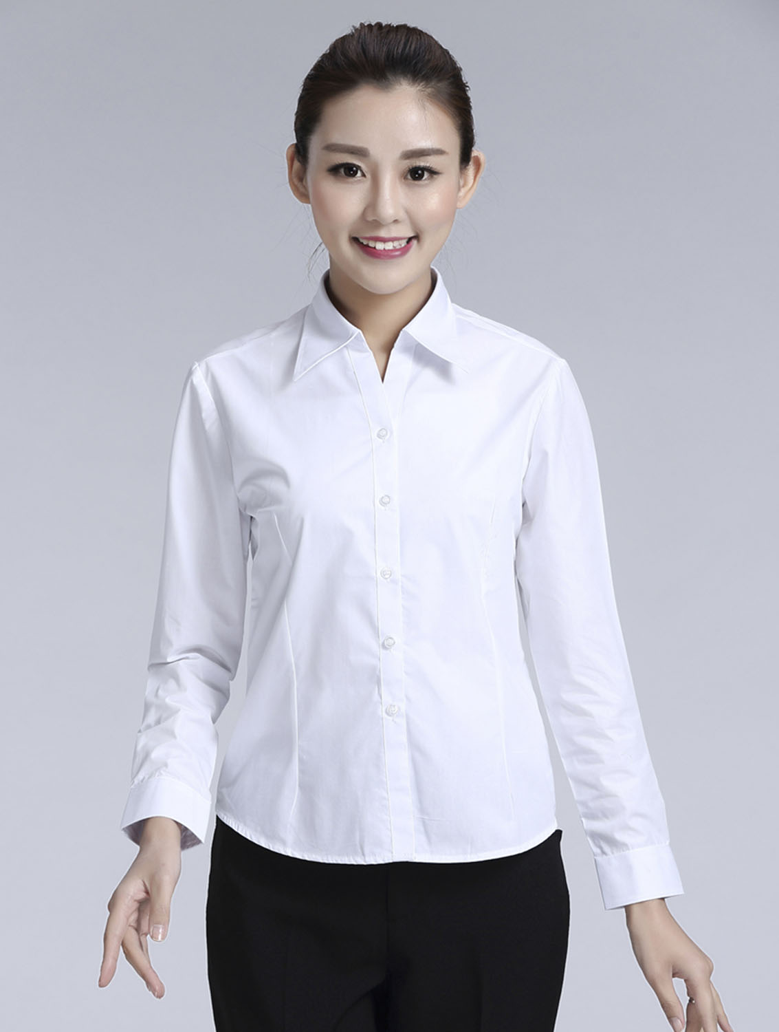 白色女款滌棉翻領(lǐng)長(zhǎng)袖修身襯衫-TR0201#