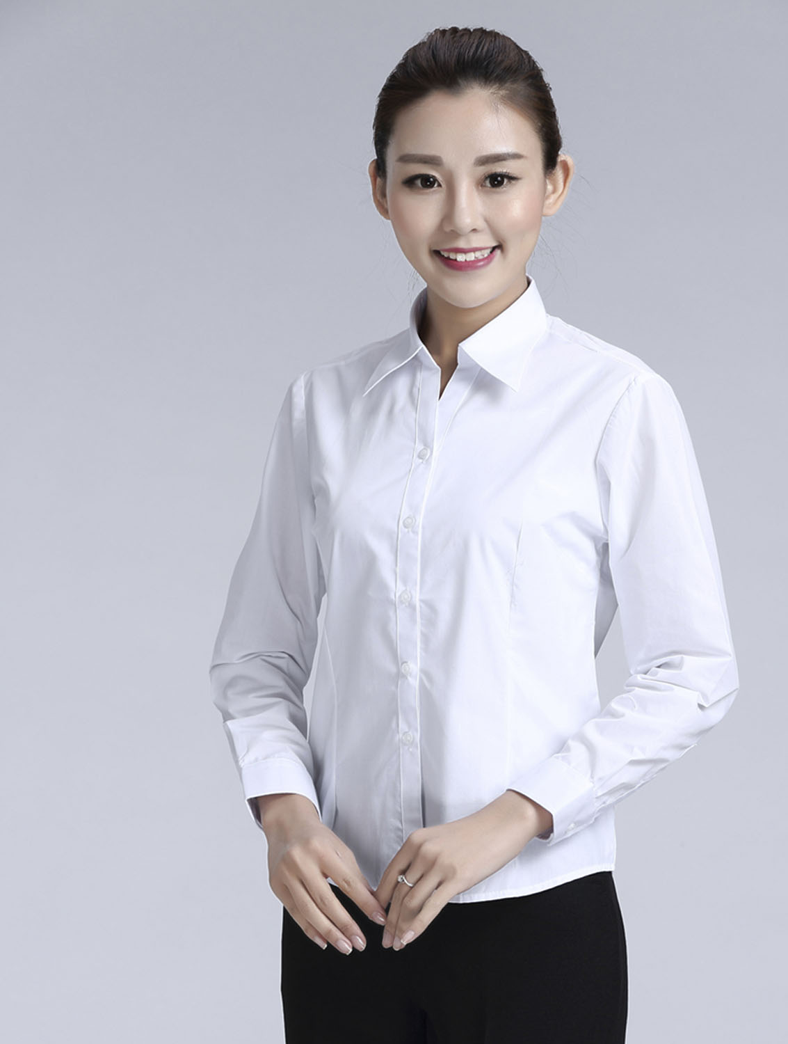 白色女款滌棉翻領(lǐng)長(zhǎng)袖修身襯衫-TR0201#
