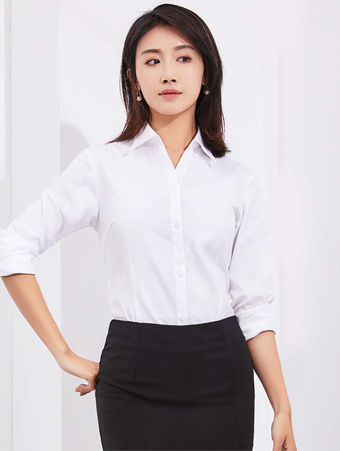 白色女款竹纖維抗皺翻領(lǐng)長袖修身襯衫-601#