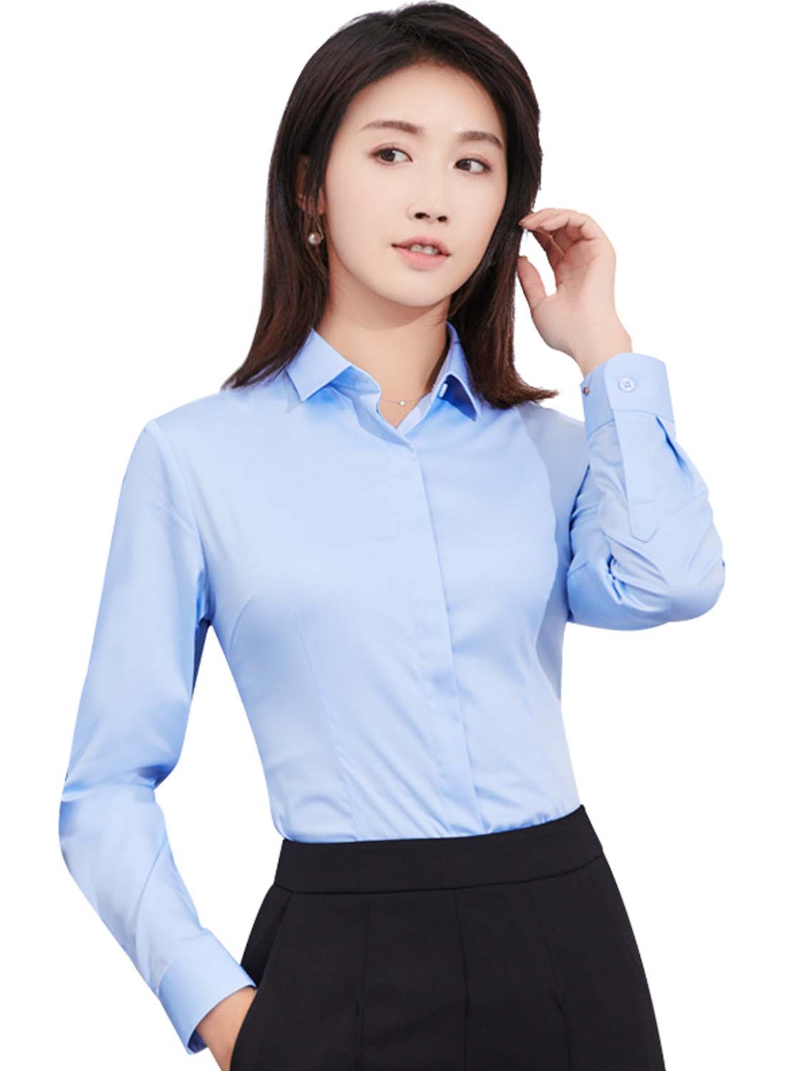 藍(lán)色女款竹纖維抗皺翻領(lǐng)長(zhǎng)袖修身襯衫-611#
