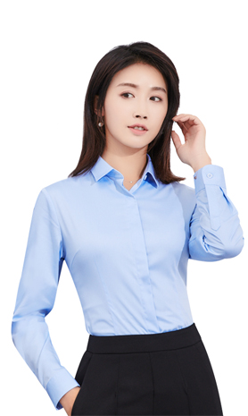 藍色女款竹纖維抗皺翻領(lǐng)長袖修身襯衫-611#
