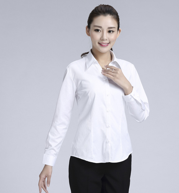 白色暗條紋女款滌棉翻領(lǐng)長(zhǎng)袖修身襯衫-612#