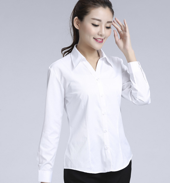 白色暗條紋女款滌棉翻領(lǐng)長(zhǎng)袖修身襯衫-612#