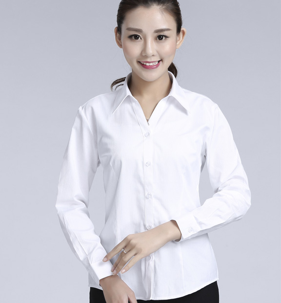 白色暗條紋女款滌棉翻領(lǐng)長(zhǎng)袖修身襯衫-612#