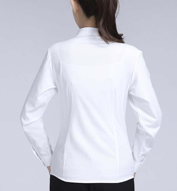 白色暗條紋女款滌棉翻領(lǐng)長(zhǎng)袖修身襯衫-612#