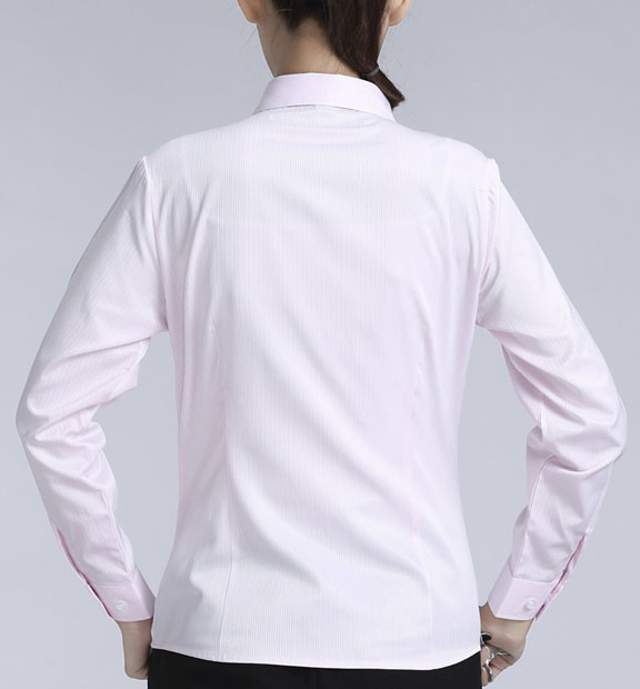 粉色暗條紋女款滌棉翻領(lǐng)長(zhǎng)袖修身襯衫-613#