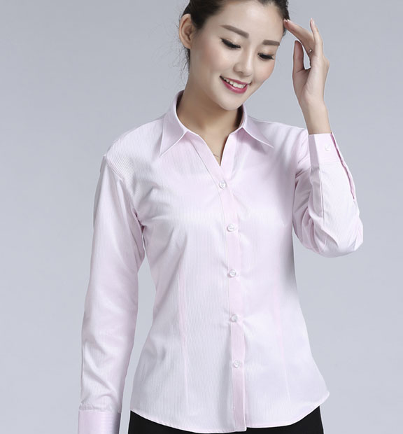 粉色暗條紋女款滌棉翻領(lǐng)長(zhǎng)袖修身襯衫-613#
