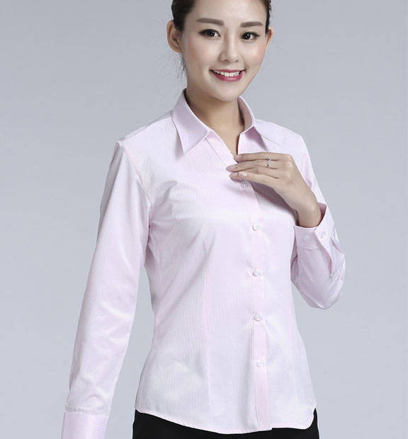 粉色暗條紋女款滌棉翻領(lǐng)長(zhǎng)袖修身襯衫-613#