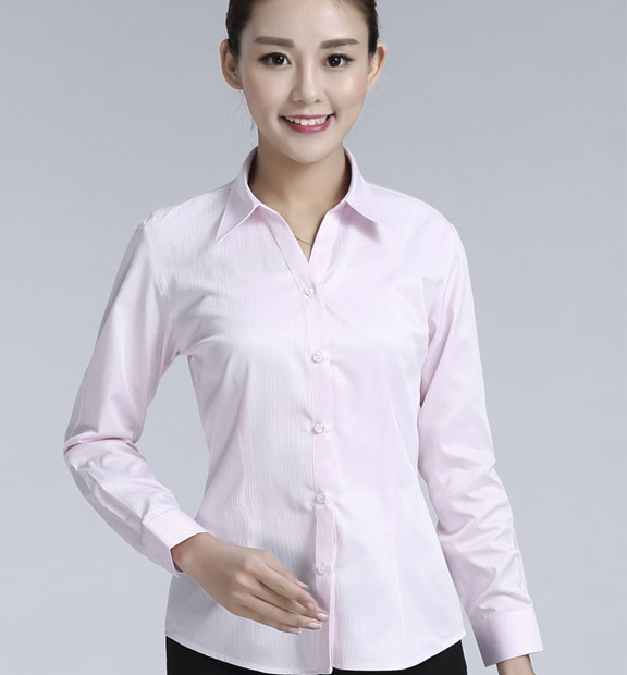 粉色暗條紋女款滌棉翻領(lǐng)長(zhǎng)袖修身襯衫-613#