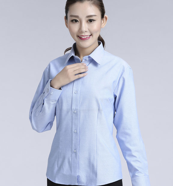 藍(lán)色女款牛津紡?fù)笟夥I(lǐng)長袖修身襯衫-615#