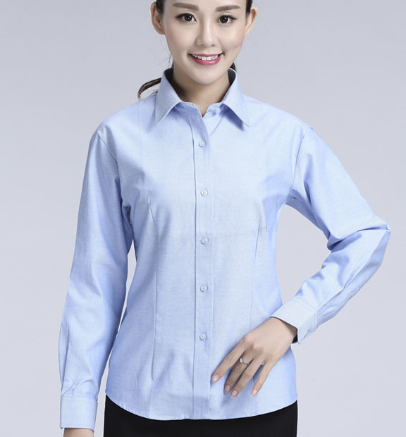 藍(lán)色女款牛津紡?fù)笟夥I(lǐng)長袖修身襯衫-615#