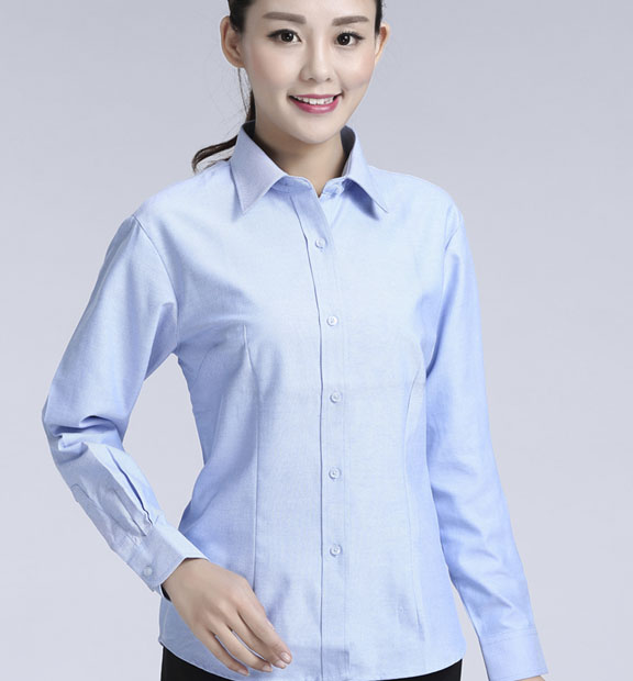 藍(lán)色女款牛津紡?fù)笟夥I(lǐng)長袖修身襯衫-615#