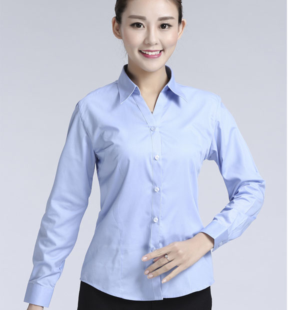 藍(lán)色女款滌棉翻領(lǐng)長(zhǎng)袖修身襯衫-616#