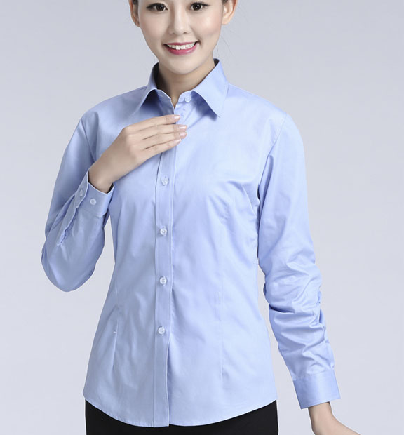 藍(lán)色女款滌棉翻領(lǐng)長(zhǎng)袖正裝修身襯衫-617#