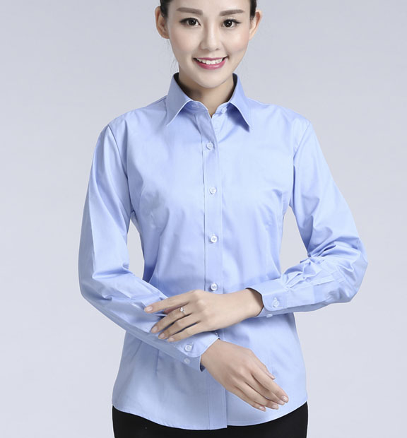 藍(lán)色女款滌棉翻領(lǐng)長(zhǎng)袖正裝修身襯衫-617#