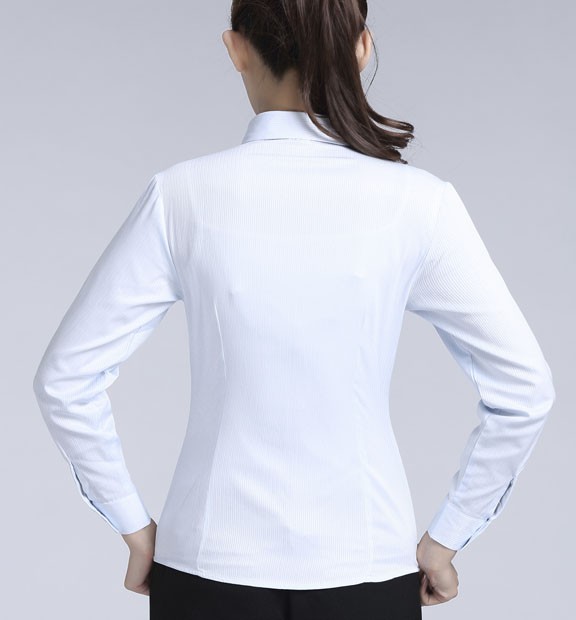 藍(lán)色暗條紋女款滌棉翻領(lǐng)長(zhǎng)袖修身襯衫-618#