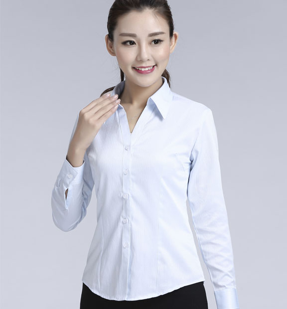 藍(lán)色暗條紋女款滌棉翻領(lǐng)長(zhǎng)袖修身襯衫-618#