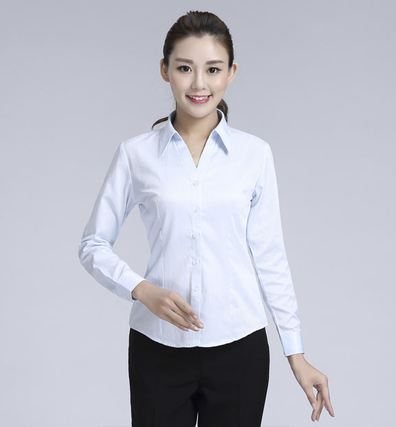藍(lán)色暗條紋女款滌棉翻領(lǐng)長(zhǎng)袖修身襯衫-618#