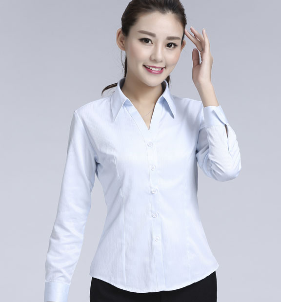 藍(lán)色暗條紋女款滌棉翻領(lǐng)長(zhǎng)袖修身襯衫-618#