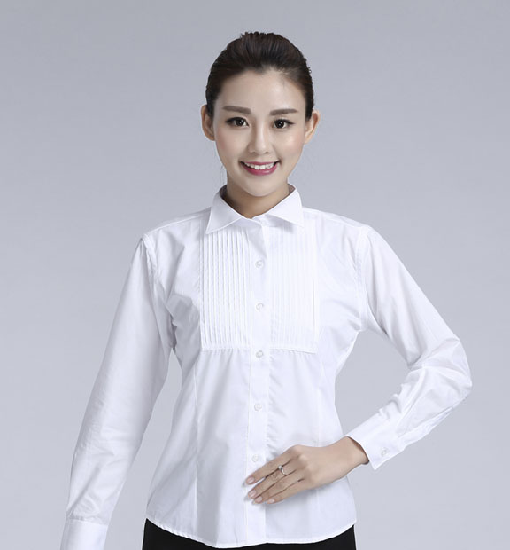 白色女款純棉翻領(lǐng)長袖禮服襯衫-619#