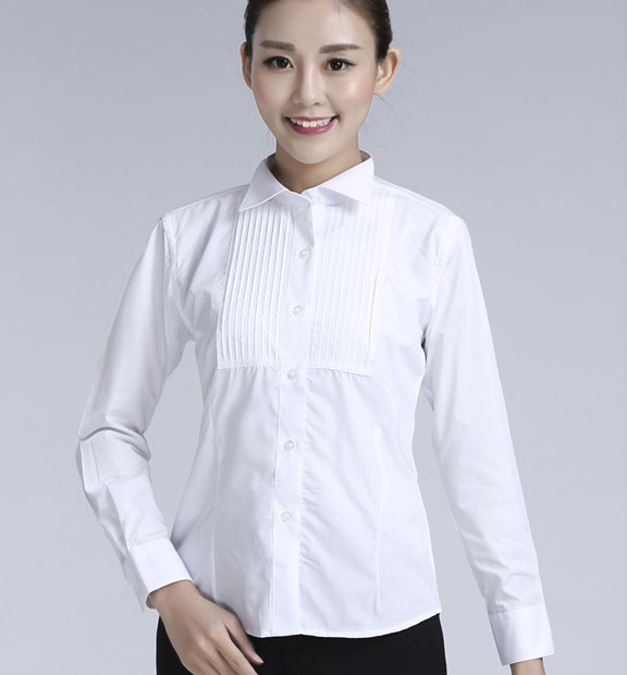 白色女款純棉翻領(lǐng)長袖禮服襯衫-619#