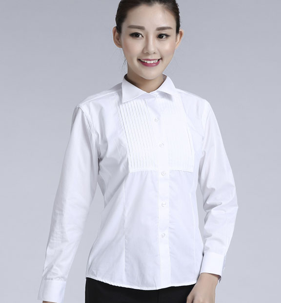 白色女款純棉翻領(lǐng)長袖禮服襯衫-619#