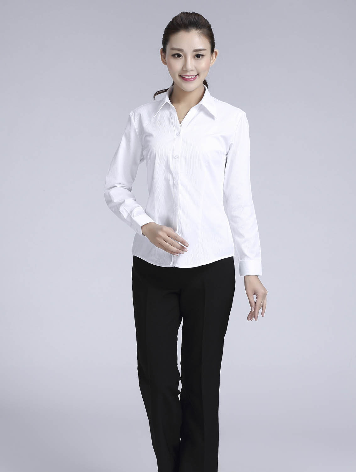白色暗條紋女款滌棉翻領(lǐng)長(zhǎng)袖修身襯衫-612#