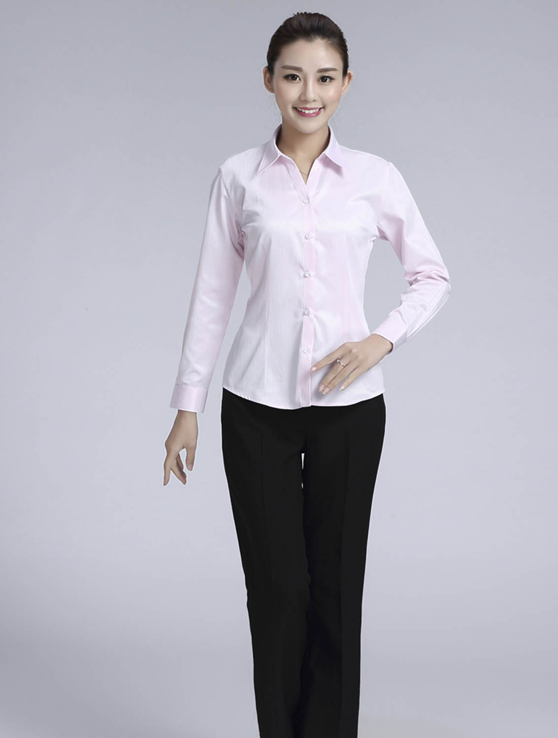 粉色暗條紋女款滌棉翻領(lǐng)長(zhǎng)袖修身襯衫-613#