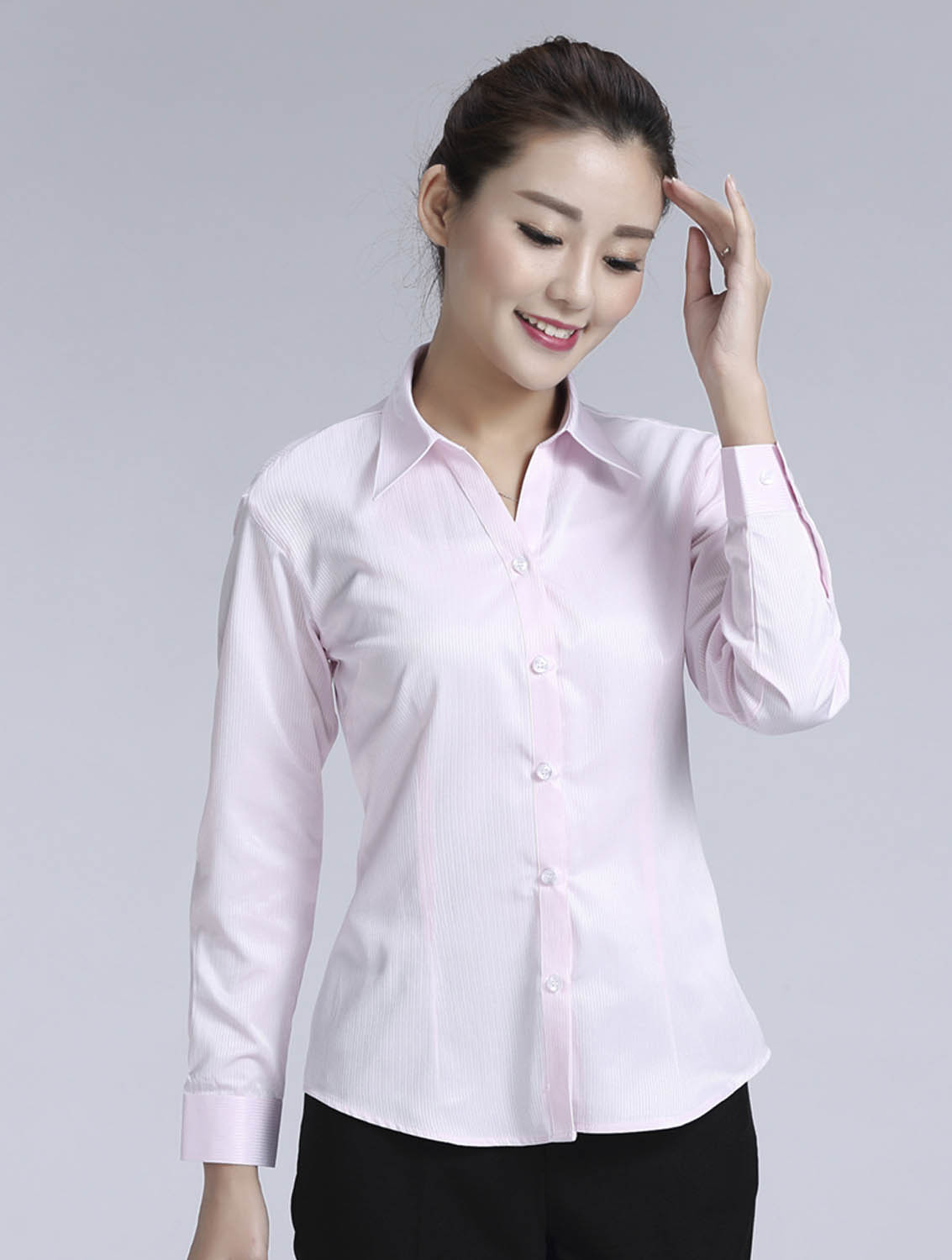 粉色暗條紋女款滌棉翻領(lǐng)長(zhǎng)袖修身襯衫-613#