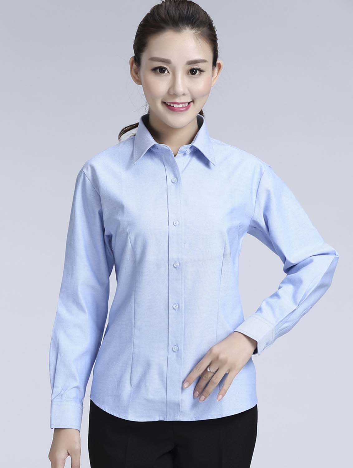 藍(lán)色女款牛津紡?fù)笟夥I(lǐng)長袖修身襯衫-615#