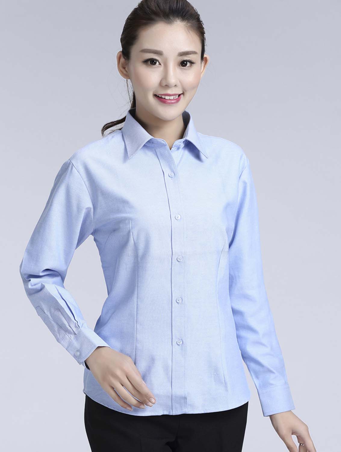 藍(lán)色女款牛津紡?fù)笟夥I(lǐng)長袖修身襯衫-615#