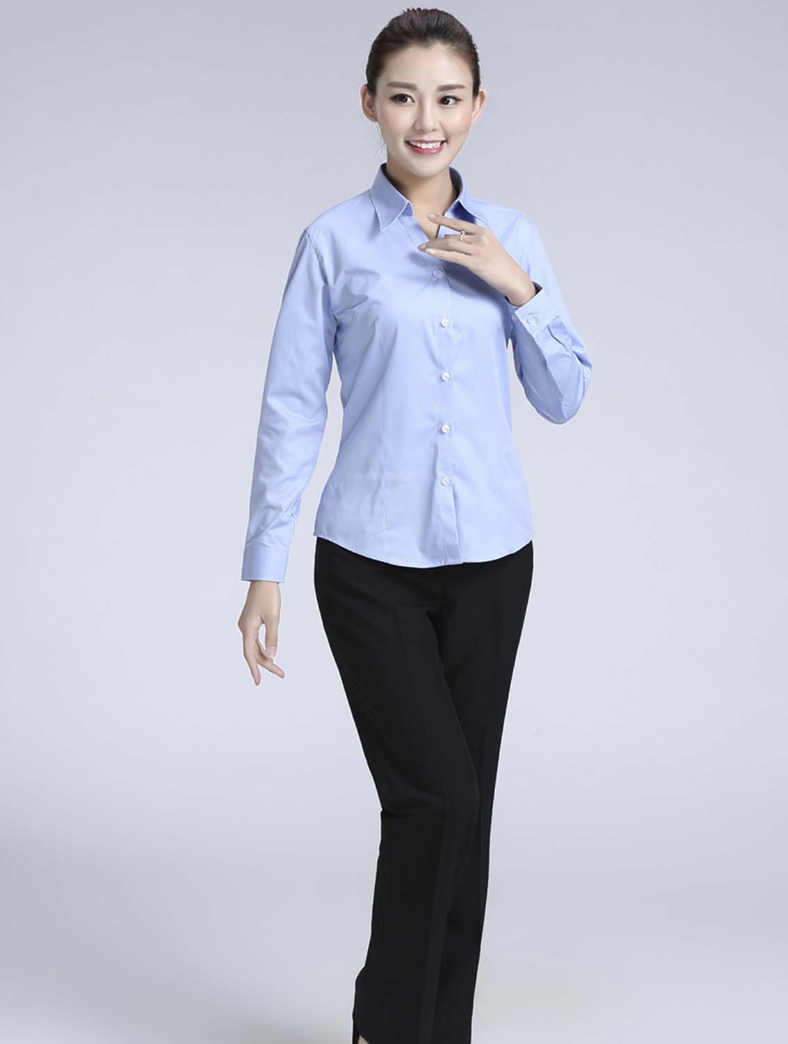 藍(lán)色女款滌棉翻領(lǐng)長(zhǎng)袖修身襯衫-616#