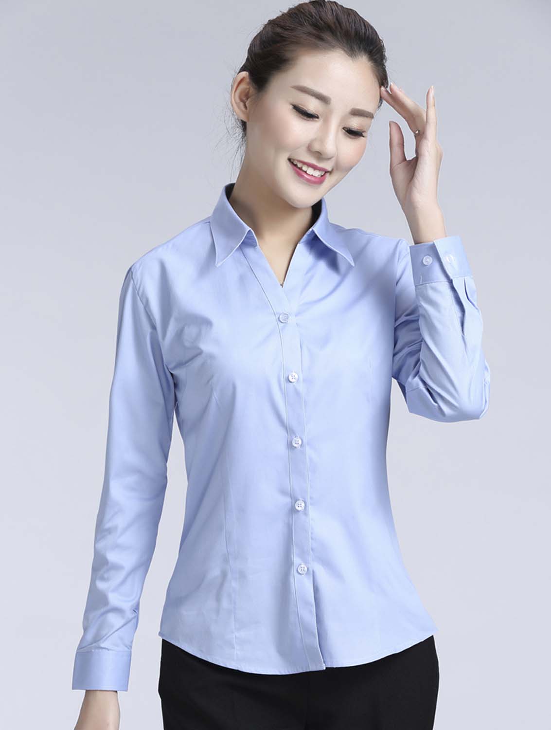 藍(lán)色女款滌棉翻領(lǐng)長(zhǎng)袖修身襯衫-616#