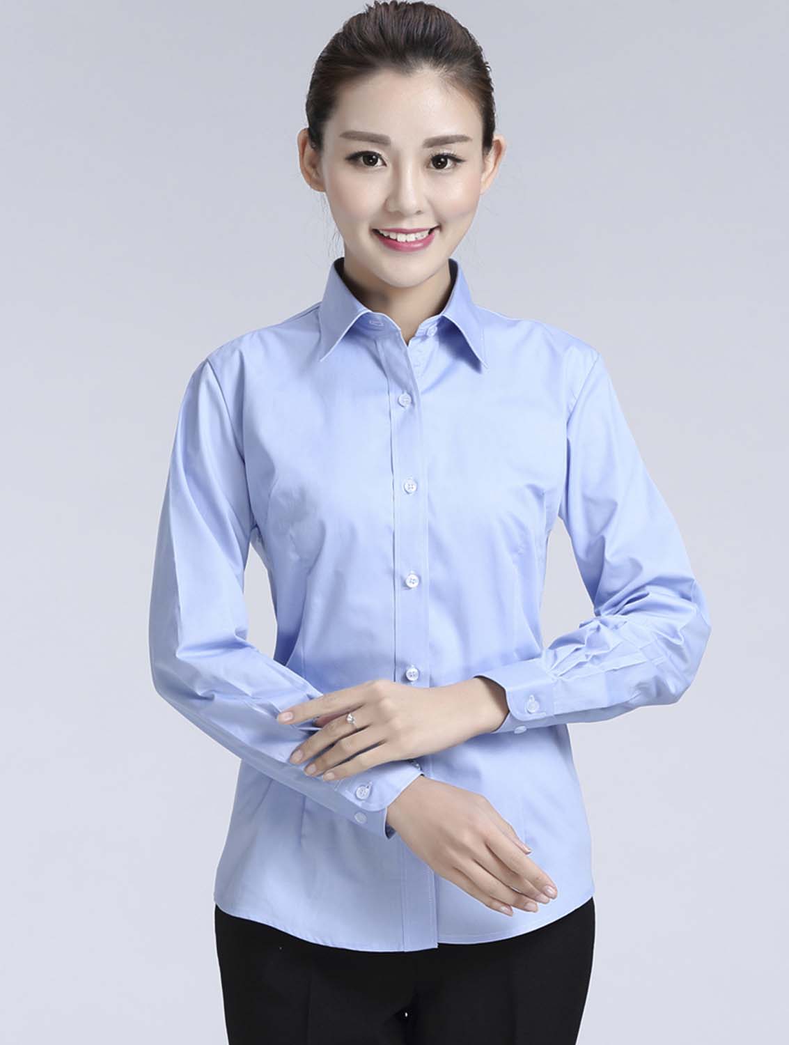 藍(lán)色女款滌棉翻領(lǐng)長(zhǎng)袖正裝修身襯衫-617#