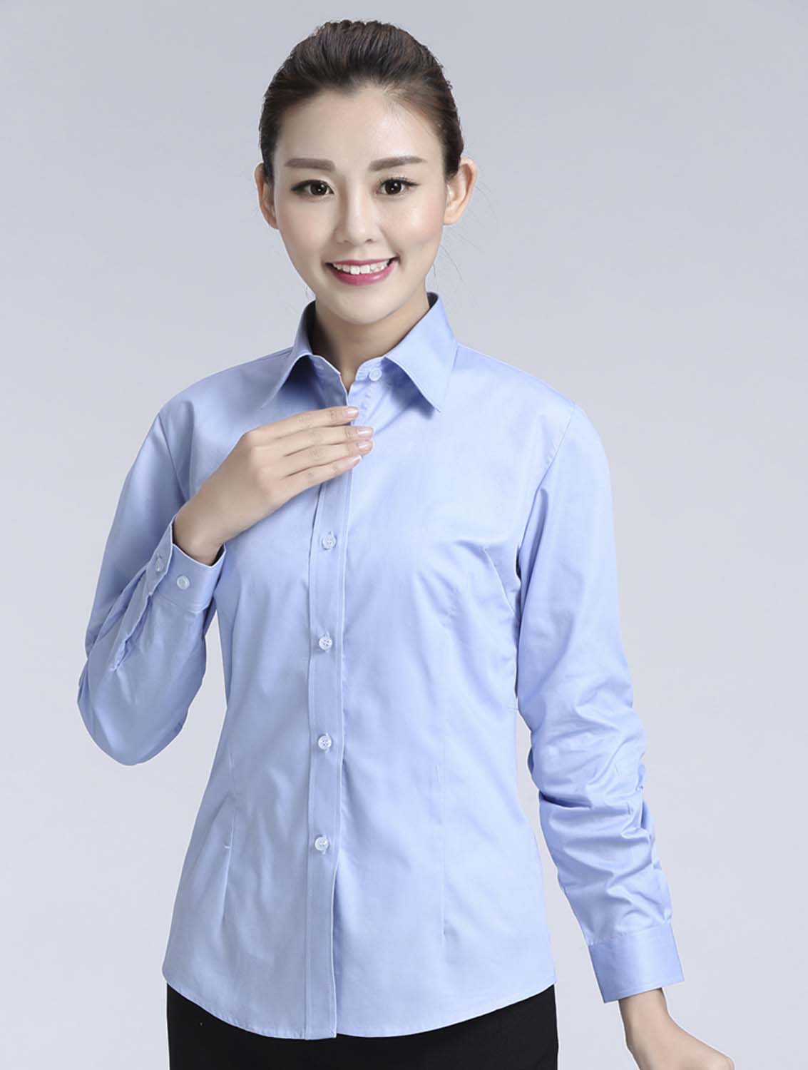 藍(lán)色女款滌棉翻領(lǐng)長(zhǎng)袖正裝修身襯衫-617#