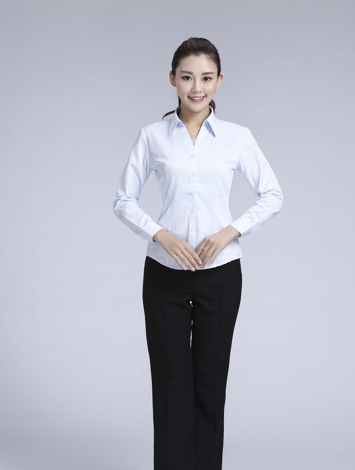 藍(lán)色暗條紋女款滌棉翻領(lǐng)長(zhǎng)袖修身襯衫-618#