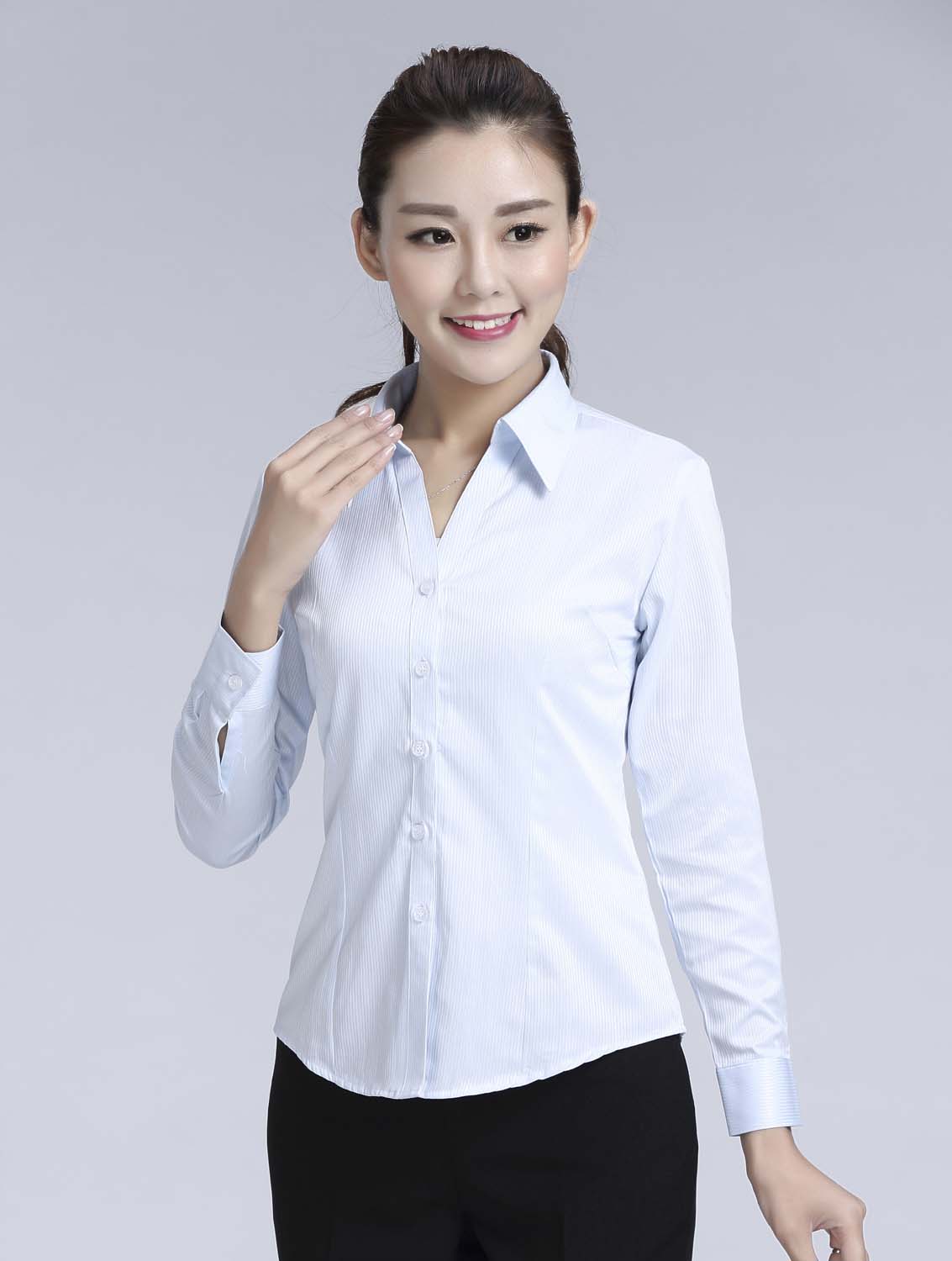 藍(lán)色暗條紋女款滌棉翻領(lǐng)長(zhǎng)袖修身襯衫-618#