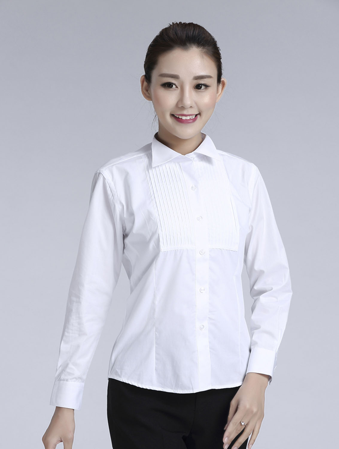 白色女款純棉翻領(lǐng)長袖禮服襯衫-619#