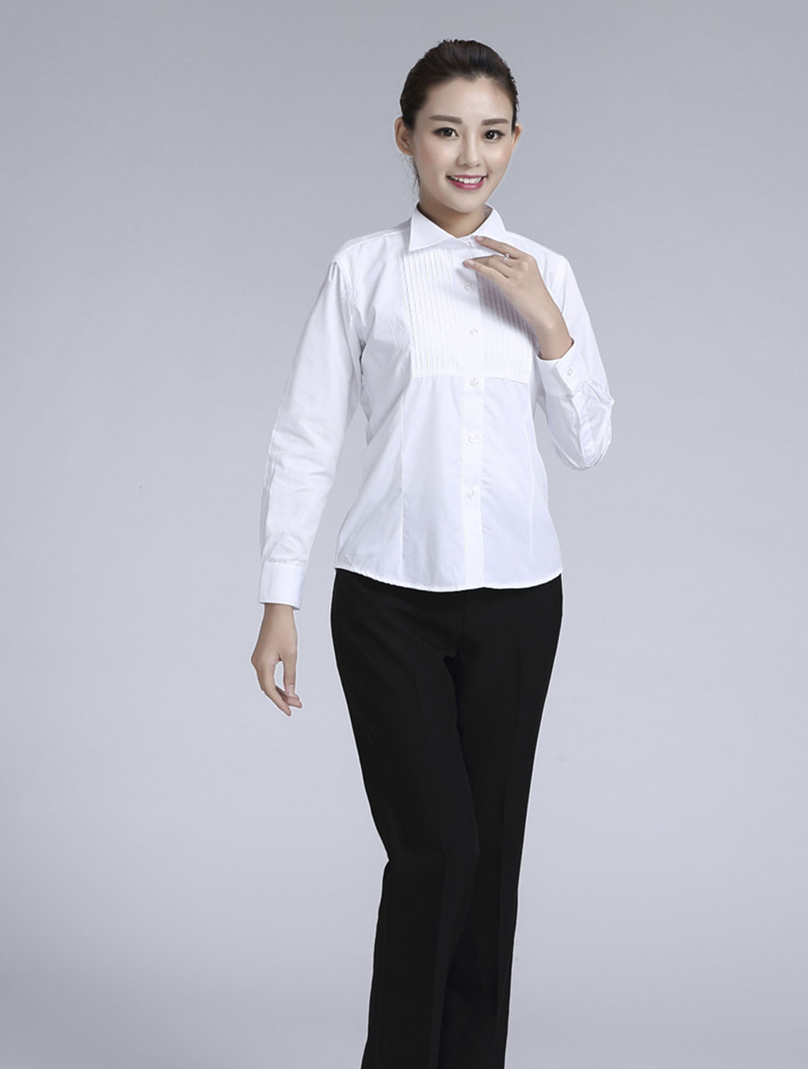 白色女款純棉翻領(lǐng)長袖禮服襯衫-619#