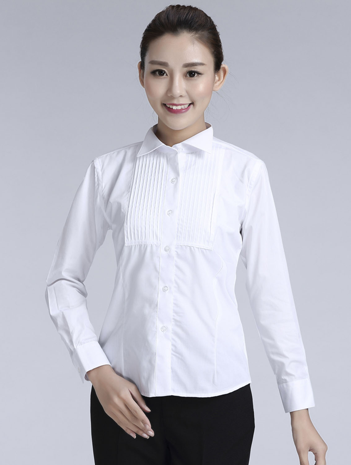 白色女款純棉翻領(lǐng)長袖禮服襯衫-619#