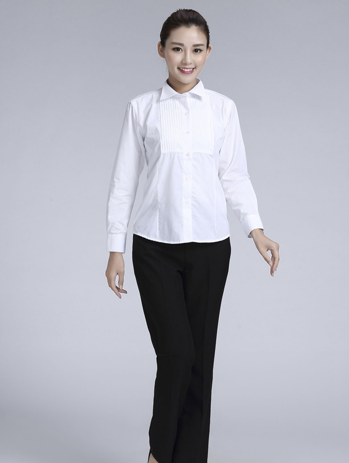 白色女款純棉翻領(lǐng)長袖禮服襯衫-619#