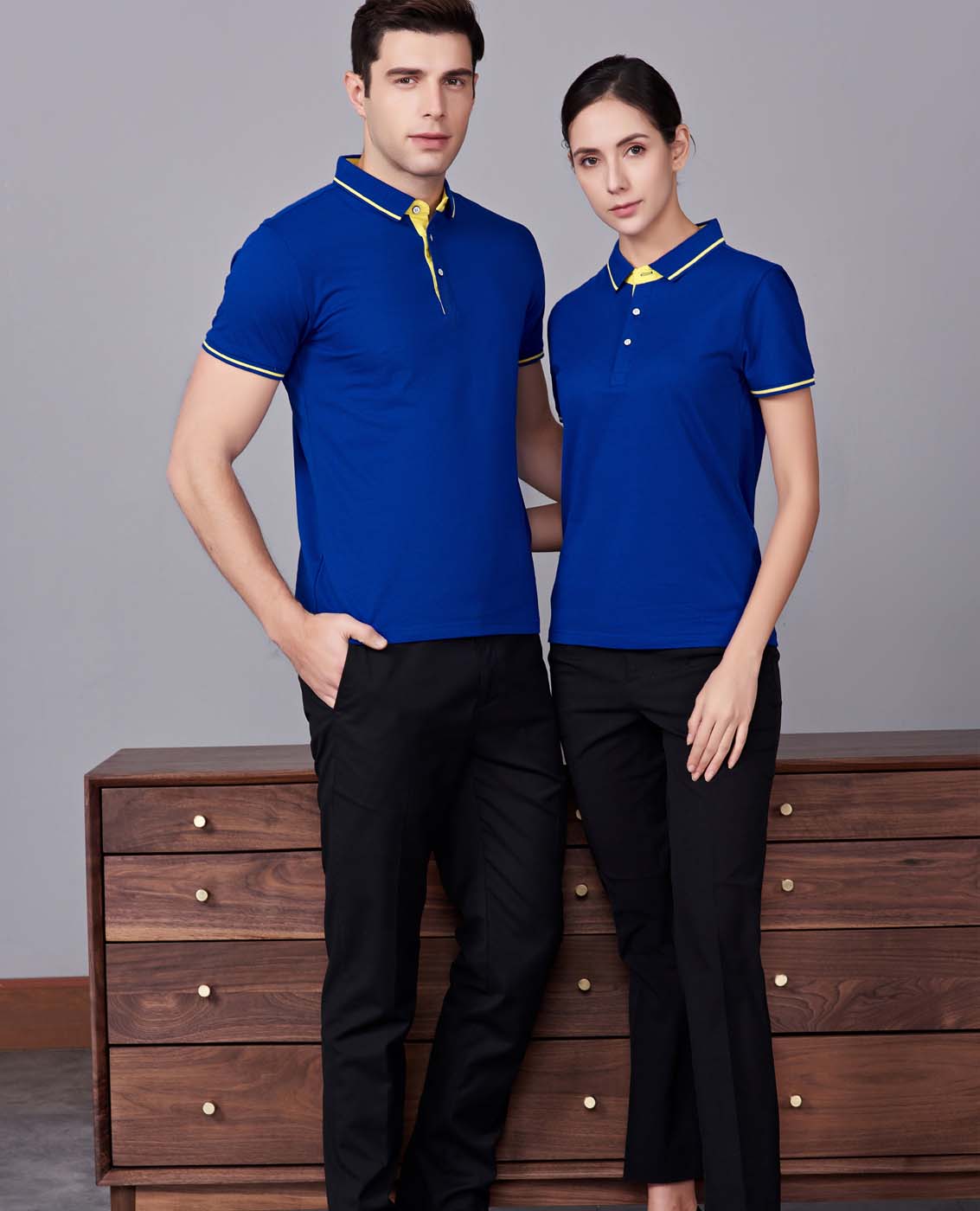 夏季寶藍色男女同款桑蠶絲翻領(lǐng)修身商務(wù)休閑T恤衫/polo衫-1878#