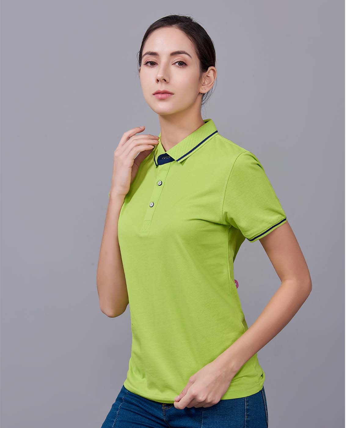 夏季果綠色男女同款桑蠶絲翻領(lǐng)修身休閑T恤衫/polo衫-1878#