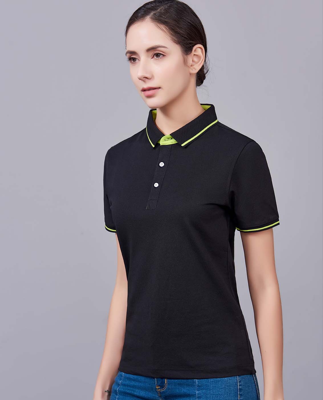 夏季黑色男女同款桑蠶絲翻領(lǐng)修身商務(wù)T恤衫/polo衫-1878#