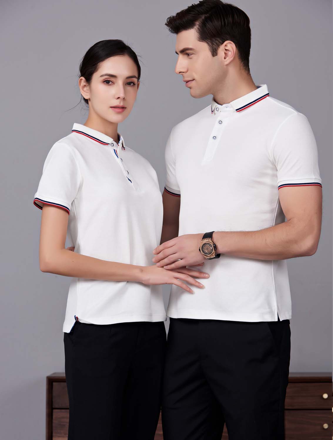 夏季白色男女同款滌棉翻領(lǐng)休閑T恤衫/Polo衫-2788#
