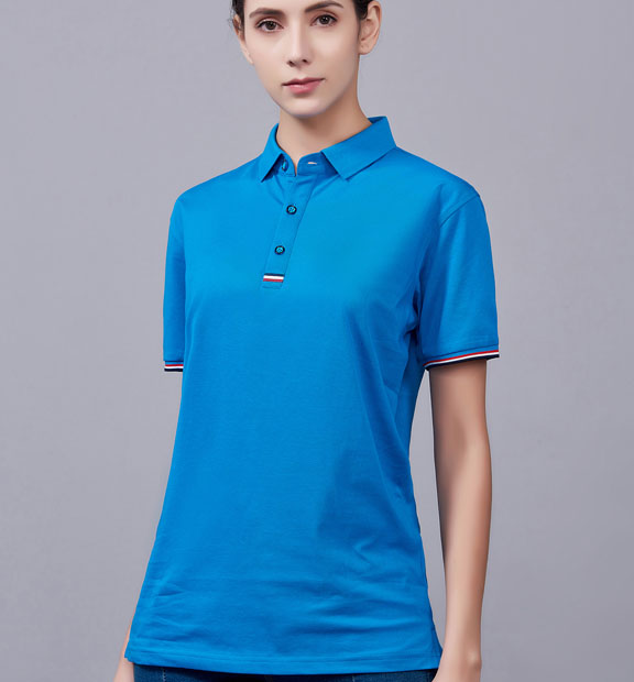 夏季湖藍(lán)色男女同款滌棉短袖翻領(lǐng)時(shí)尚休閑T恤衫-85681#