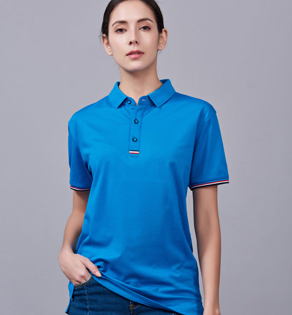 夏季湖藍(lán)色男女同款滌棉短袖翻領(lǐng)時(shí)尚休閑T恤衫-85681#