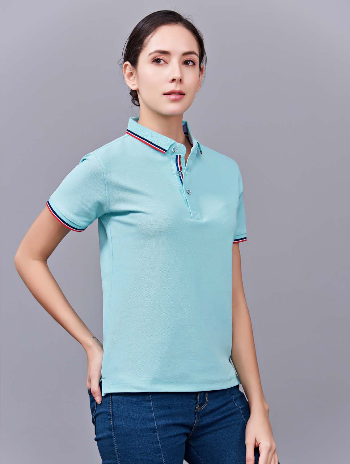 夏季玉綠色男女同款滌棉短袖翻領(lǐng)時(shí)尚T恤衫/polo衫-2788#