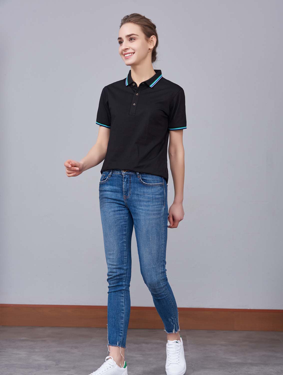夏季黑色男女同款冰瓷棉短袖翻領(lǐng)時尚T恤衫/polo衫-66531#