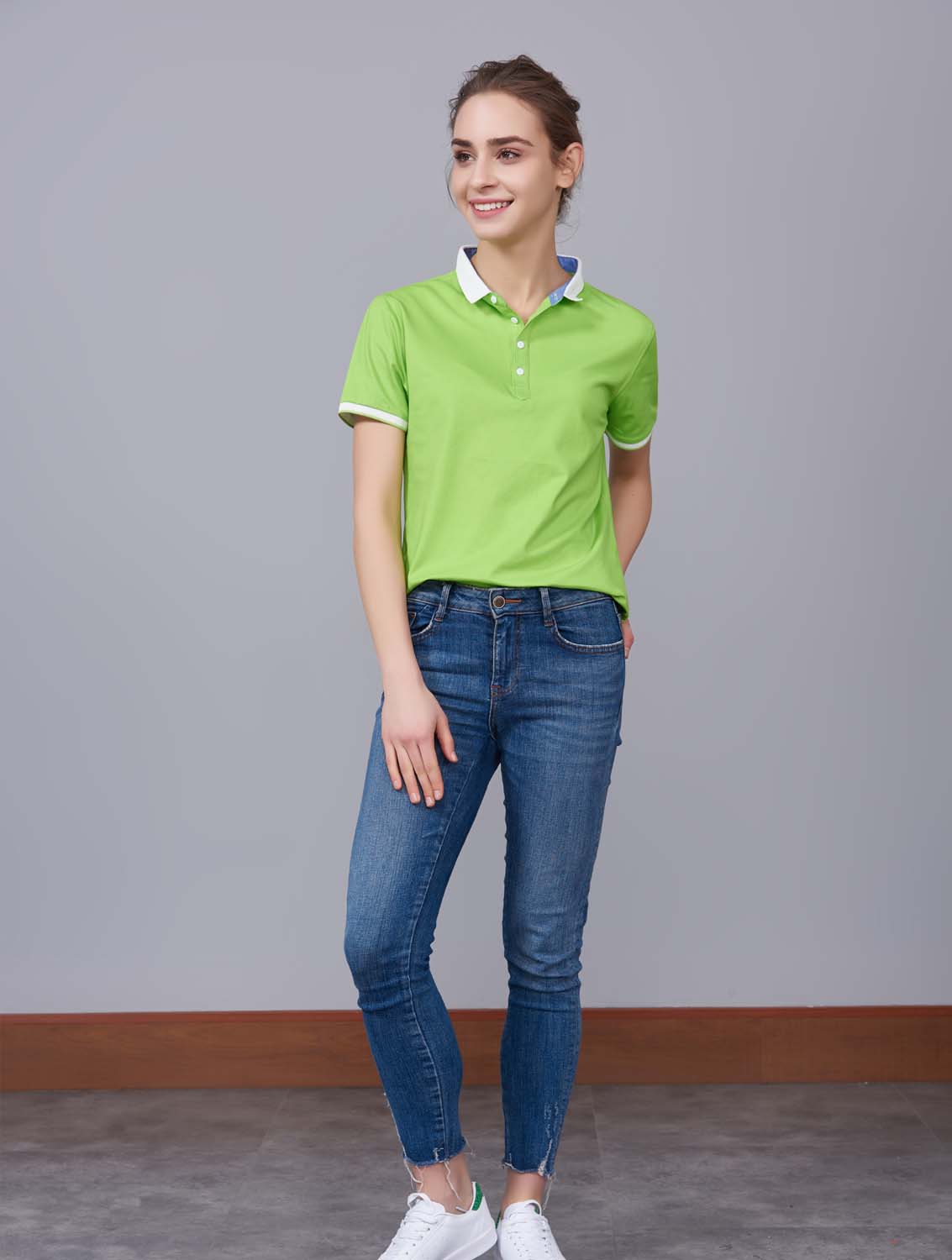 夏季果綠色男女同款滌棉短袖翻領時尚休閑T恤衫/馬球衫-85651#